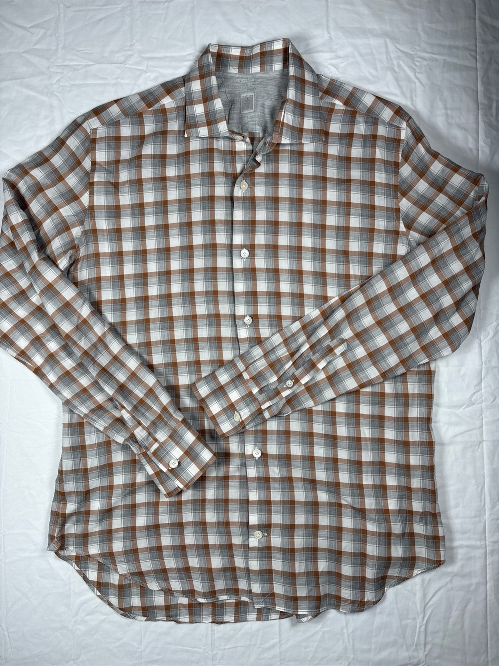 Eleventy Platinum Checked Casual Plaid Dress Shirt - Camel, Grey & White